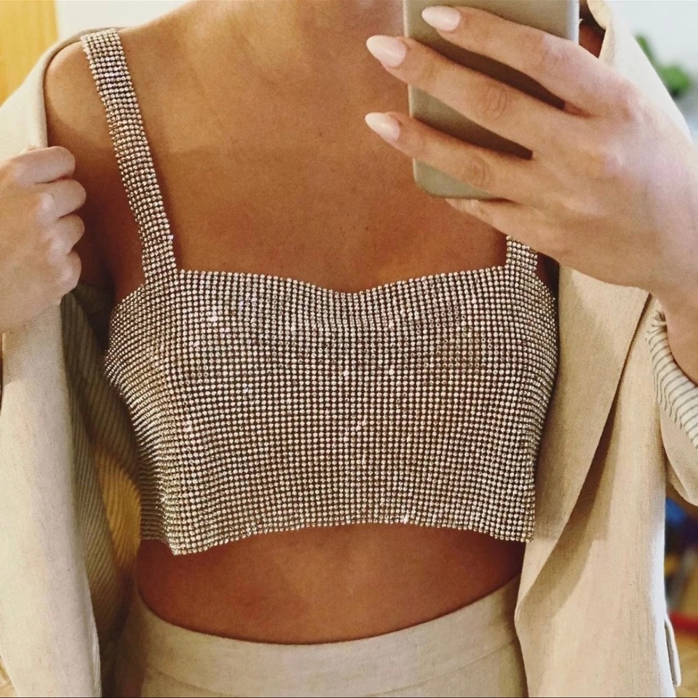 LAST one🔥Blogger’s Fav| NWT ZARA Rhinestone Covered Bustier Crop Top - Picture 6 of 16